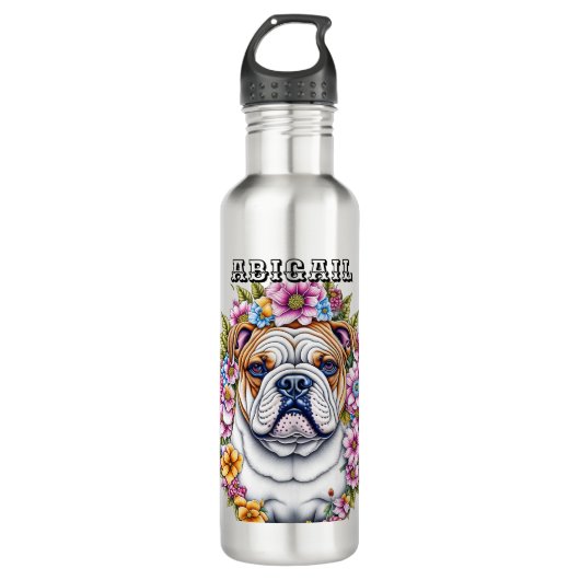 Gepersonaliseerde buldog en grillige bloemen waterfles (Voorkant)