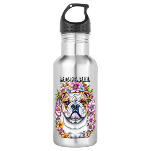 Gepersonaliseerde buldog en grillige bloemen waterfles