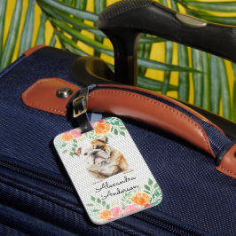 Gepersonaliseerde Bulldog Puppy Bloemen Bagagelabel