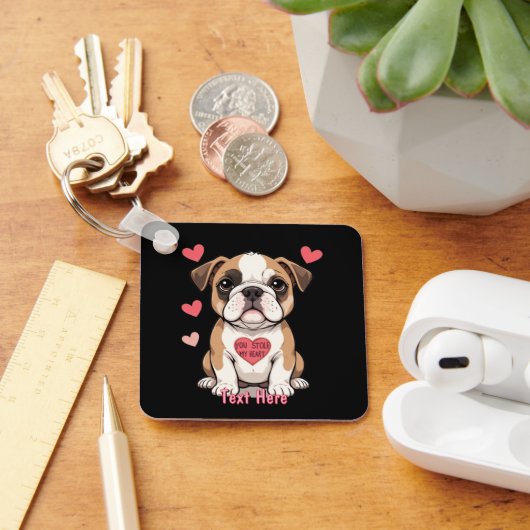 Gepersonaliseerde Bulldog Puppy met oprechte boods Sleutelhanger (Bureau)