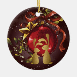 Gepersonaliseerde Bunny Couple n'Mistletoe Kerstmi Keramisch Ornament