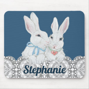 Gepersonaliseerde Bunny Rabbit Blue en White Lace Muismat