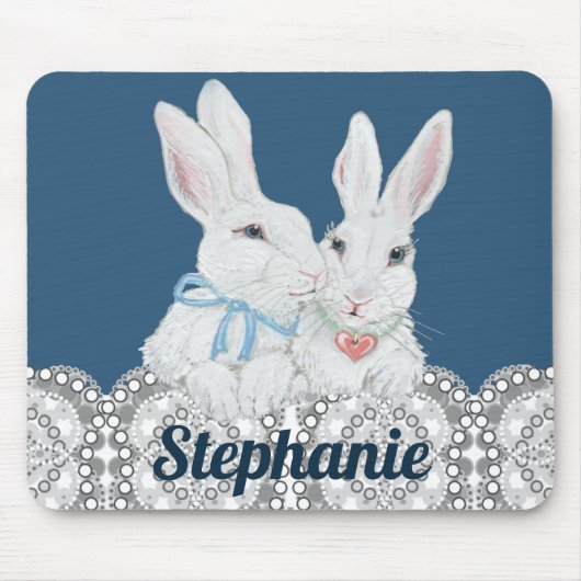Gepersonaliseerde Bunny Rabbit Blue en White Lace Muismat (Voorkant)
