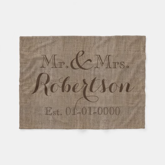 Gepersonaliseerde Burlap-look Rustic/Wedding Fleece Deken (Voorkant (Horizontaal))