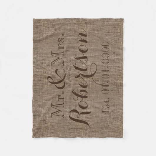 Gepersonaliseerde Burlap-look Rustic/Wedding Fleece Deken (Voorkant)