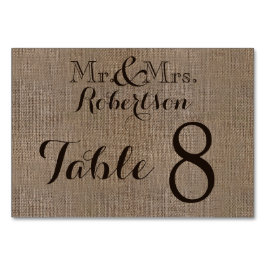 Gepersonaliseerde burlap rustieke bruiloft tafel n kaart