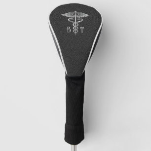 Gepersonaliseerde Caduceus op zwart lederachtig Golfheadcover