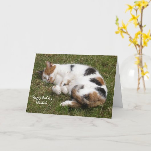 Gepersonaliseerde Calico-kat in slaap gevallen Bir Kaart (Gele Bloem)