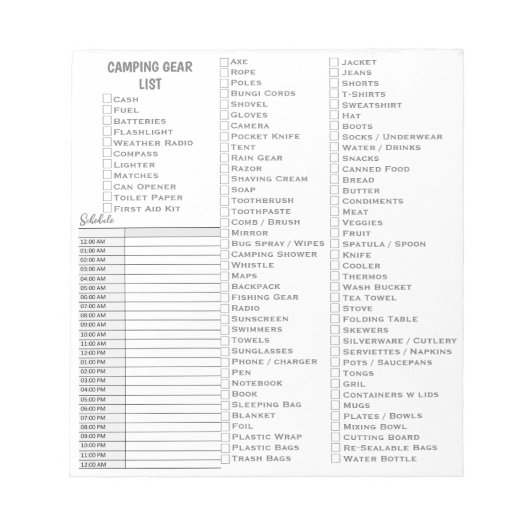 Gepersonaliseerde Camping Gear Checklist Notitieblok (Voorkant)