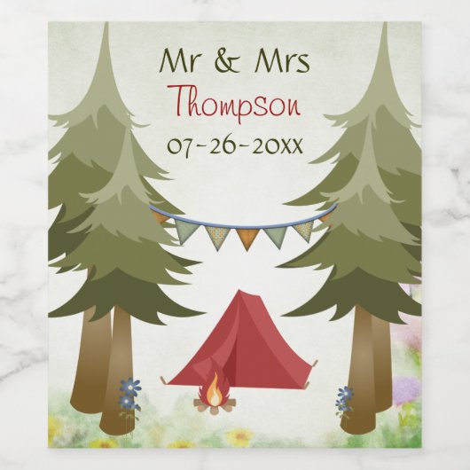 Gepersonaliseerde Camping Tent Kampvuur Bruiloft Wijn Etiket (Enkel label)