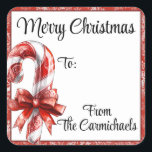 Gepersonaliseerde Candy Cane Christmas Label<br><div class="desc">Sprenkel uw kerstcadeaus op en maak het geven van cadeaus gemakkelijker met dit gepersonaliseerde kerstlabel voor snoepriet. Alle teksten kunnen bewerkt worden. Een klassieke snoepstok met een rode strik bedekt een rode omtrek met witte sneeuwvlokken die een  toets toevoegen aan al uw geschenken.</div>