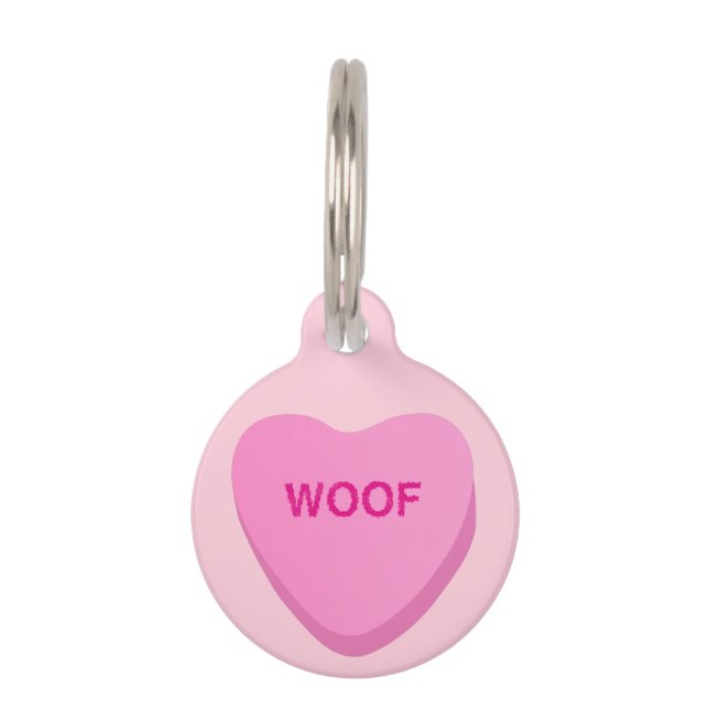 Gepersonaliseerde Candy Heart WOOF Roze Hond ID Ta Huisdierpenning (Voorkant)
