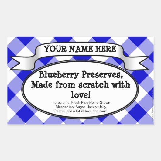 Gepersonaliseerde Canning Jar Label, Blue Gingham  Rechthoekige Sticker (Voorkant)