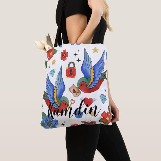 Gepersonaliseerde Canvas tas Traditional Bird Tatt (Dichtbij)