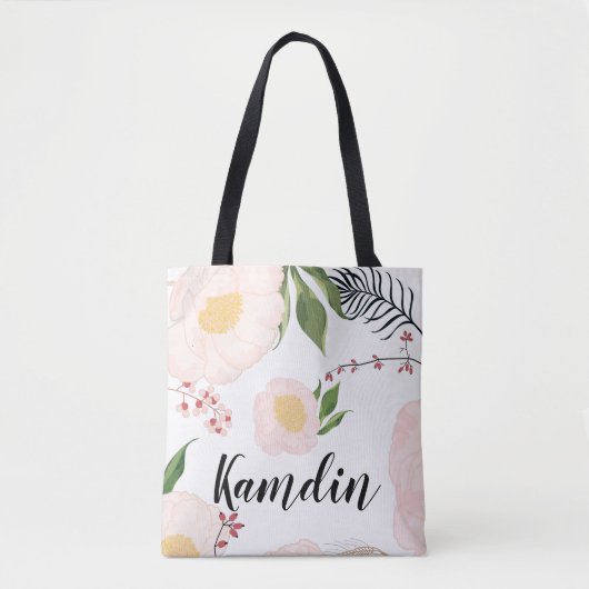 Gepersonaliseerde Canvas tas Witte Bloemen op Wit (Voorkant)