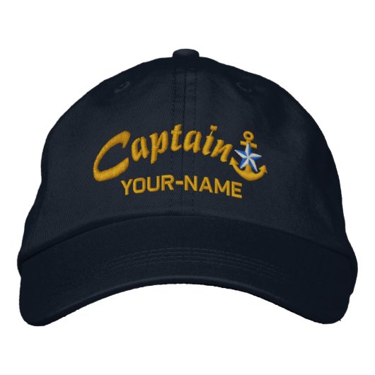 Gepersonaliseerde Captain Star Anker Naam Golden Geborduurde Pet (Voorkant)