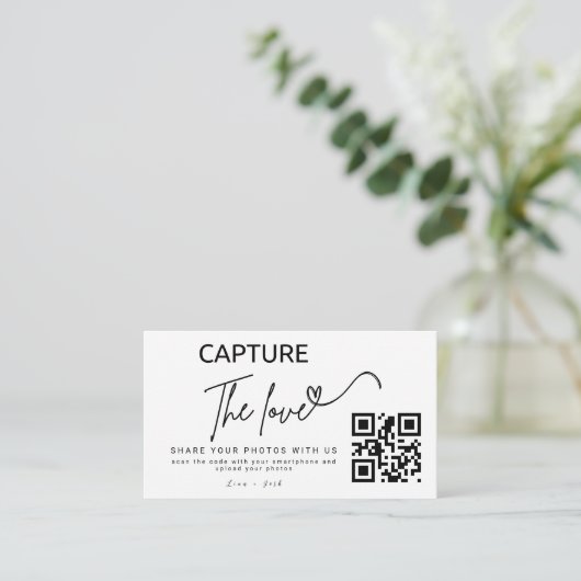 Gepersonaliseerde Capture The Love Wedding QR-code Informatiekaartje (Staand voorkant)