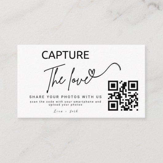 Gepersonaliseerde Capture The Love Wedding QR-code Informatiekaartje (Voorkant)