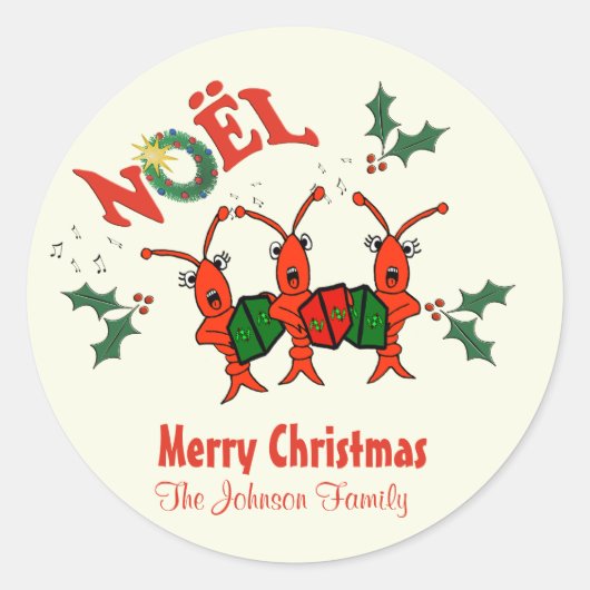 Gepersonaliseerde Caroling Crawfish Lobster Kerstm Ronde Sticker (Voorkant)