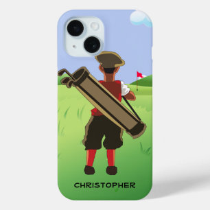 Gepersonaliseerde cartoon golfer op golfbaan iPhone 15 case