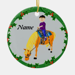Gepersonaliseerde cartoon jongen op pony paard keramisch ornament