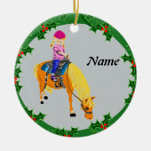 Gepersonaliseerde cartoon meisje op pony paard keramisch ornament (Voorkant)