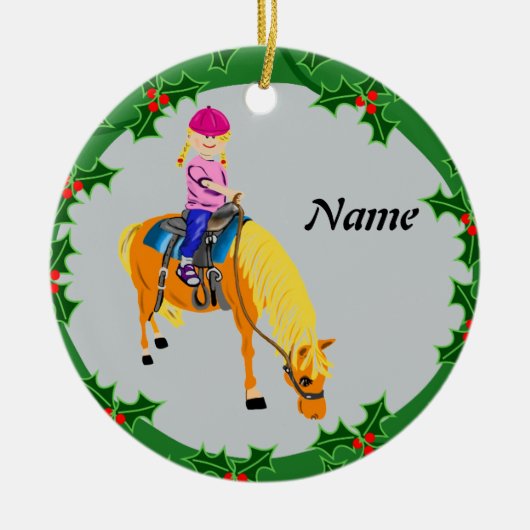Gepersonaliseerde cartoon meisje op pony paard keramisch ornament (Voorkant)
