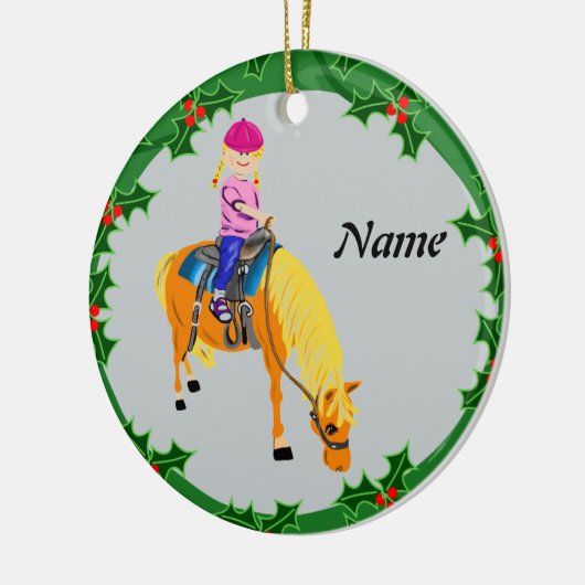 Gepersonaliseerde cartoon meisje op pony paard keramisch ornament (Links)