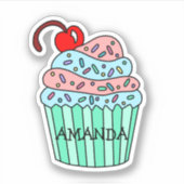 Gepersonaliseerde Cartoon Roze en Blauwe Cupcake Sticker (Voorkant)