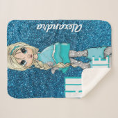 Gepersonaliseerde Cartoon stijl Meisje met Glitter Sherpa Deken (Voorkant (horizontaal))