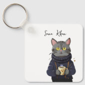 Gepersonaliseerde Cat Cool Black Cat met Koffie Sleutelhanger (Voorkant)