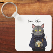 Gepersonaliseerde Cat Cool Black Cat met Koffie Sleutelhanger (Voorkant)