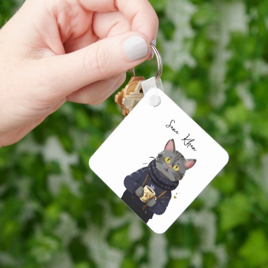 Gepersonaliseerde Cat Cool Black Cat met Koffie Sleutelhanger (Hand)