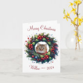 Gepersonaliseerde Cat Merry Christmas Wenskaart Kaart (Gele Bloem)