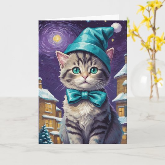 Gepersonaliseerde  Cat Xmas Kaart (Gele Bloem)