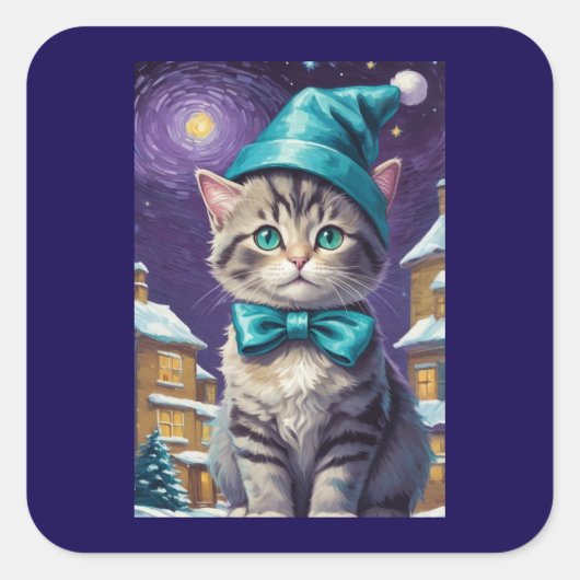 Gepersonaliseerde  Cat Xmas Vierkante Sticker (Voorkant)