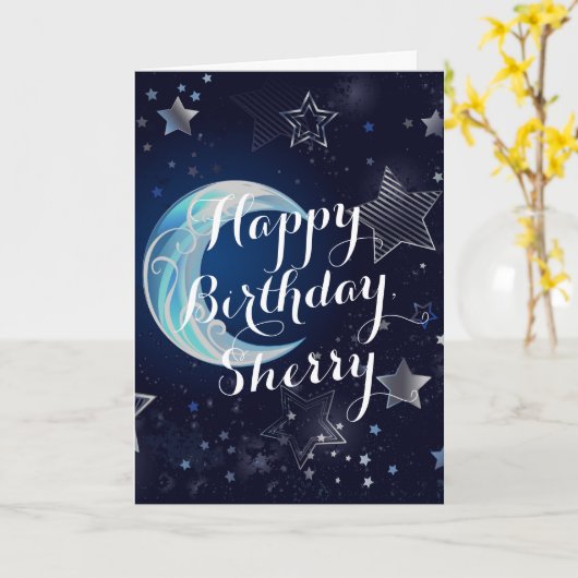 Gepersonaliseerde Celestial Moon Verjaardag Kaart (Gele Bloem)