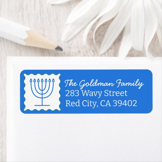 Gepersonaliseerde Chanoeka Menorah Blue Retour Adr Etiket (Insitu)