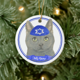 Gepersonaliseerde Chartreux Kat Yarmulke Blauw Wit Keramisch Ornament