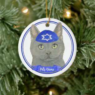 Gepersonaliseerde Chartreux Kat Yarmulke Blauw Wit Keramisch Ornament