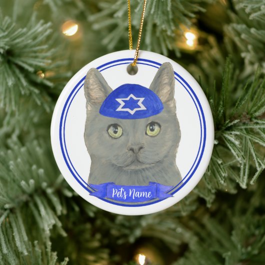 Gepersonaliseerde Chartreux Kat Yarmulke Blauw Wit Keramisch Ornament (Boom)