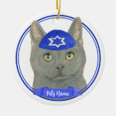 Gepersonaliseerde Chartreux Kat Yarmulke Blauw Wit Keramisch Ornament (Voorkant)