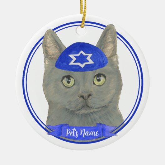Gepersonaliseerde Chartreux Kat Yarmulke Blauw Wit Keramisch Ornament (Voorkant)