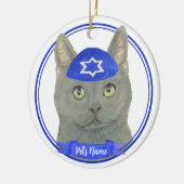 Gepersonaliseerde Chartreux Kat Yarmulke Blauw Wit Keramisch Ornament (Links)