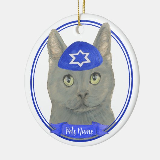 Gepersonaliseerde Chartreux Kat Yarmulke Blauw Wit Keramisch Ornament (Links)