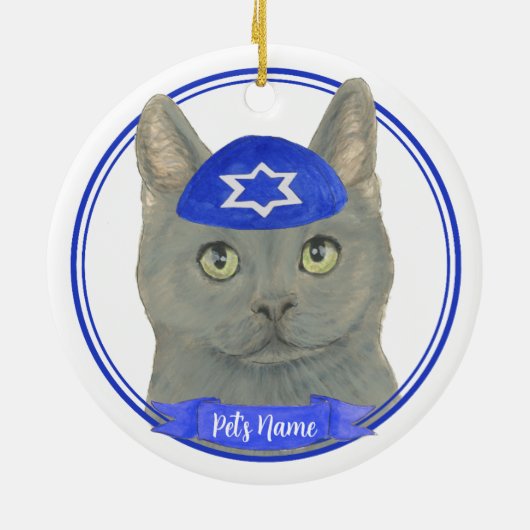 Gepersonaliseerde Chartreux Kat Yarmulke Blauw Wit Keramisch Ornament (Achterkant)
