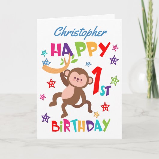 Gepersonaliseerde Cheeky Monkey 1e verjaardag Kaart (Voorkant)