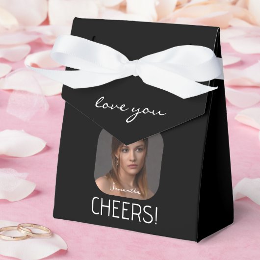 Gepersonaliseerde Cheers Fotonaam Script Zwart Bedankdoosjes (Huwelijk)