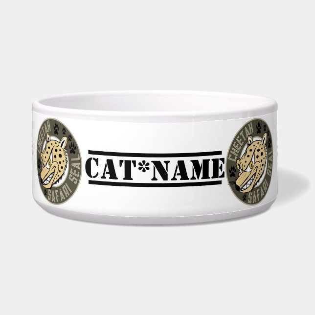Gepersonaliseerde Cheetah Safari Seal Cat Voerbakje (Voorkant)