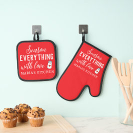 Gepersonaliseerde chef-koks Naam Zout Pot Rood Kle Ovenwant & Pannenlap Set